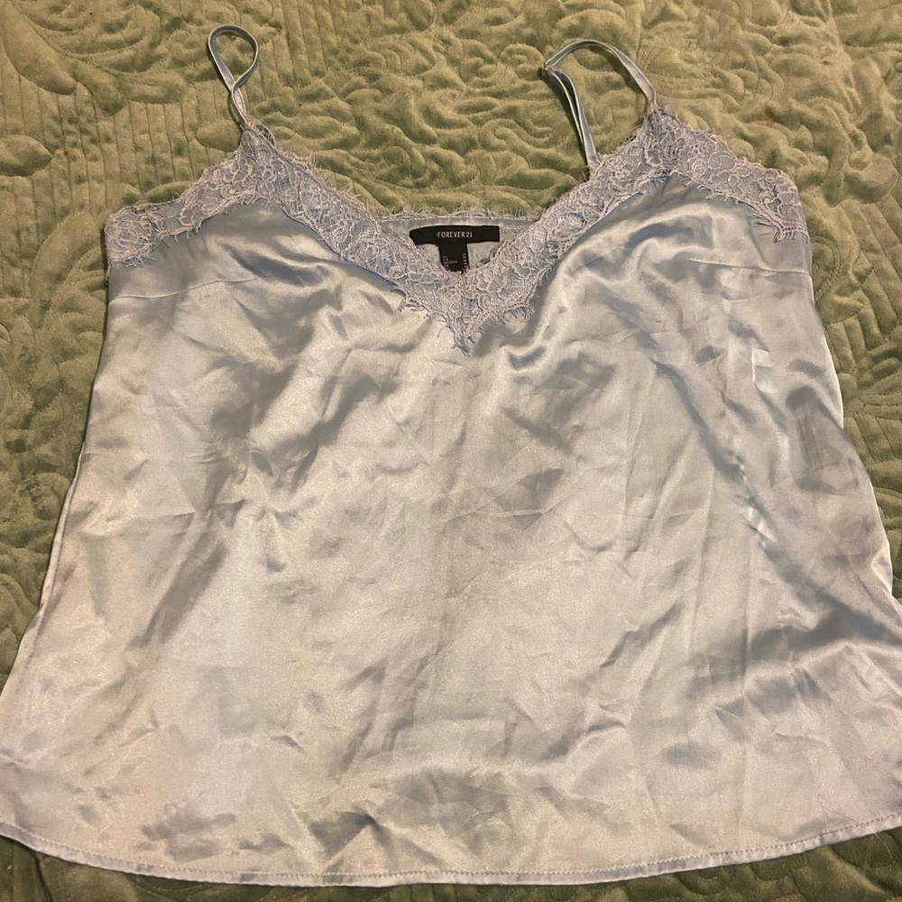 Light blue silky cami with lace.
